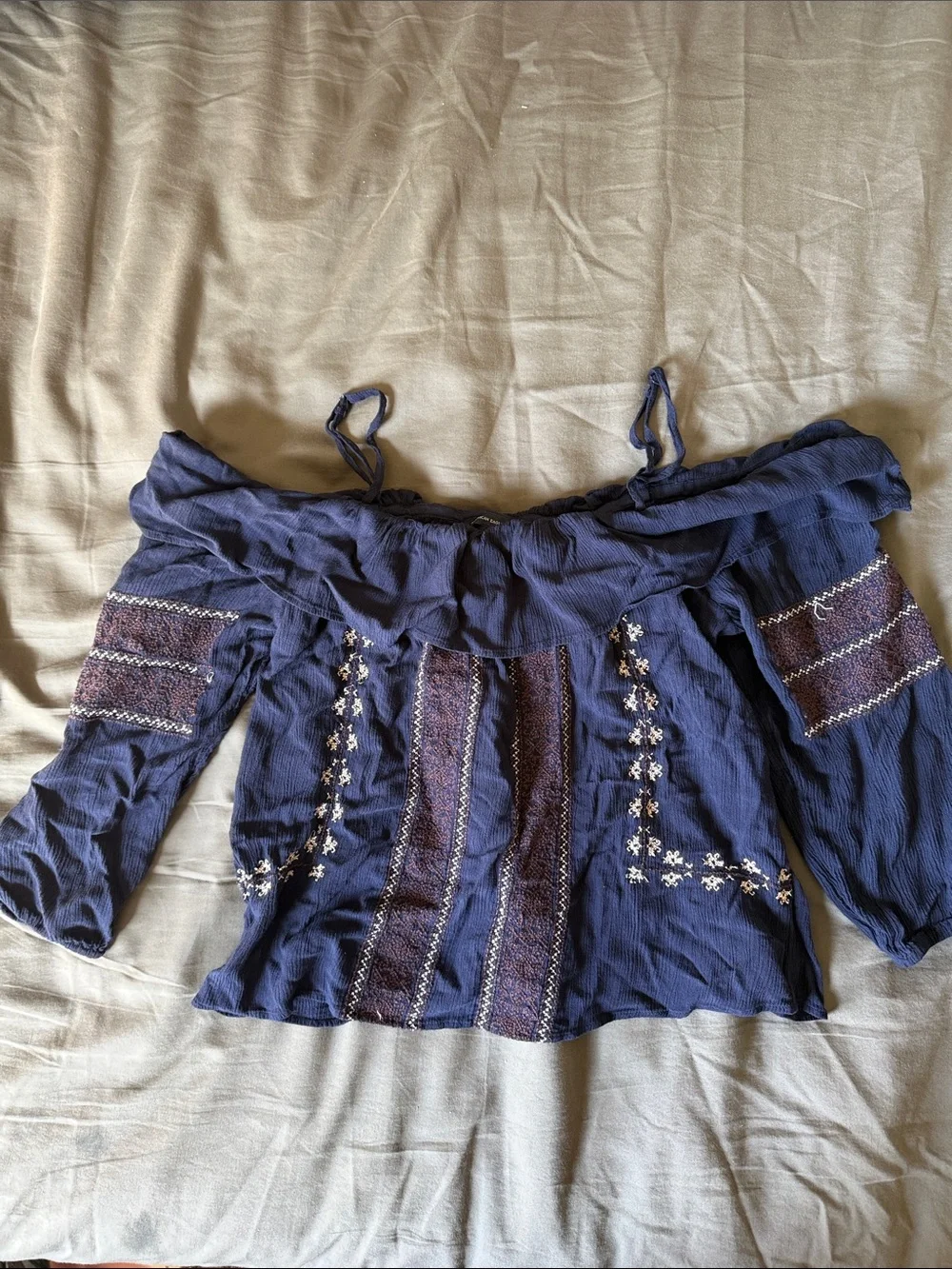 American Eagle Outfitters Navy Off-Shoulder Embroidered Peasant Blouse - Picture 1 of 3